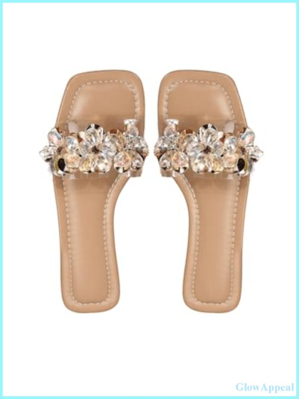 Rhinestone Clear Flower Decor Square Toe Flat Sandals